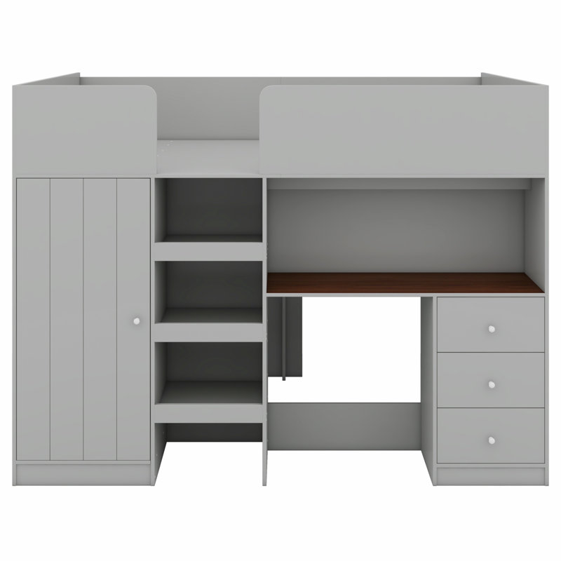 Lit mezzanine en bois avec garde-robe intégré, bureau, tablettes de rangement et tiroirs, Gris