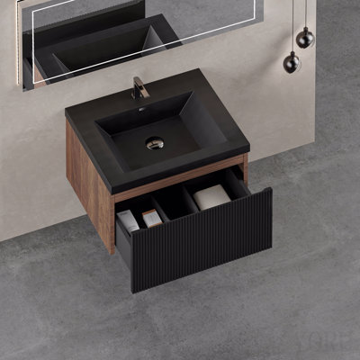 Ensemble de meuble-lavabo mural 24 po avec tiroir à fermeture en douceur et cuve à quartz, noyer fumé entièrement assemblé