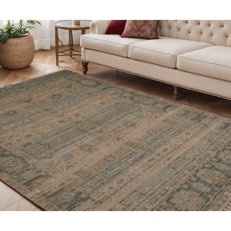 Tapis oriental brun foncé et gris foncé tissé à la main 5 pi x 7 pi avec frange