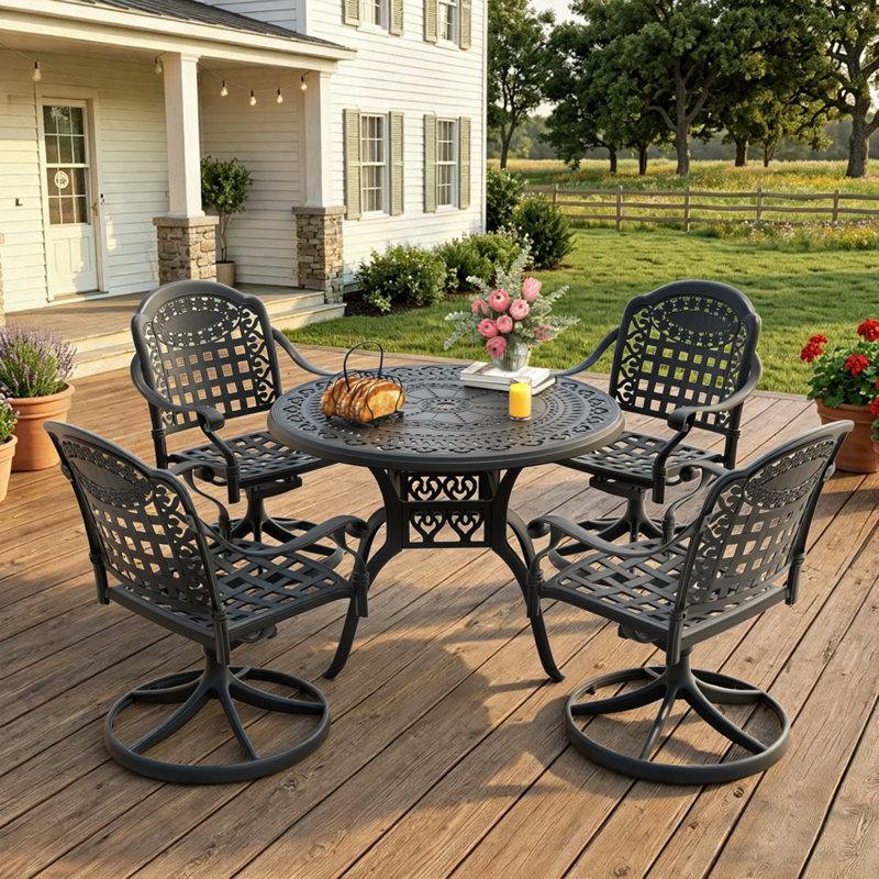 5-Piece Cast Aluminum Patio Dining Set, Round Table with Umbrella Hole & 4 Blue Cushioned Chairs, 4