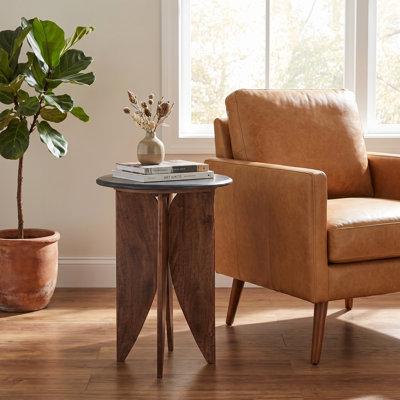Table d'appoint en marbre noir et bois à pattes en forme de pétales
