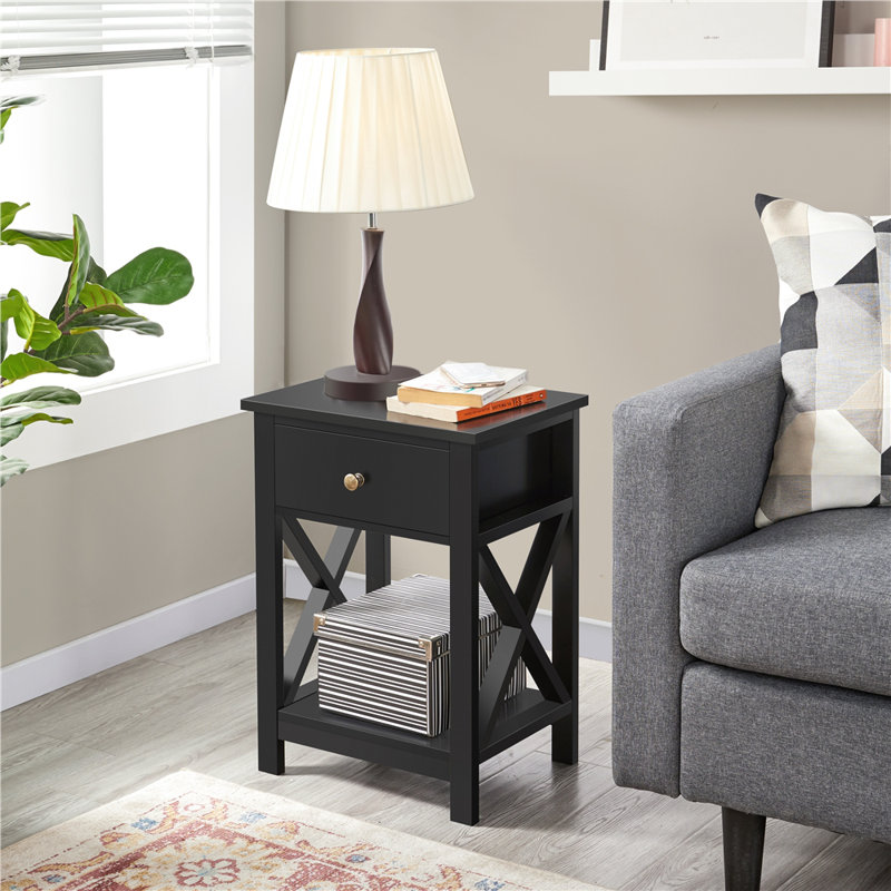 1 Drawer Bedside Table with X-Shape Frame, Black