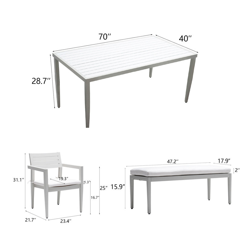 Ensemble de meubles de patio en aluminium PC: 4 chaises de salle à manger, 1 banc avec coussins Sunbrella, table bicolore avec trou pour parasol