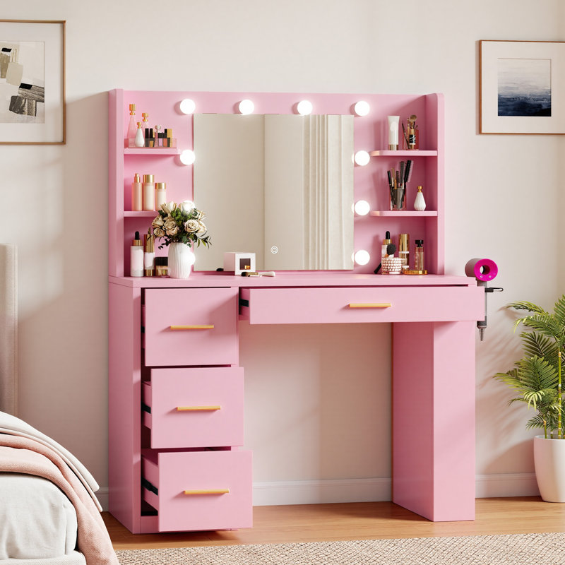 39.3" Makeup Vanity Table With LED Mirror, 4 Drawers, 7 Open Storage Shelves