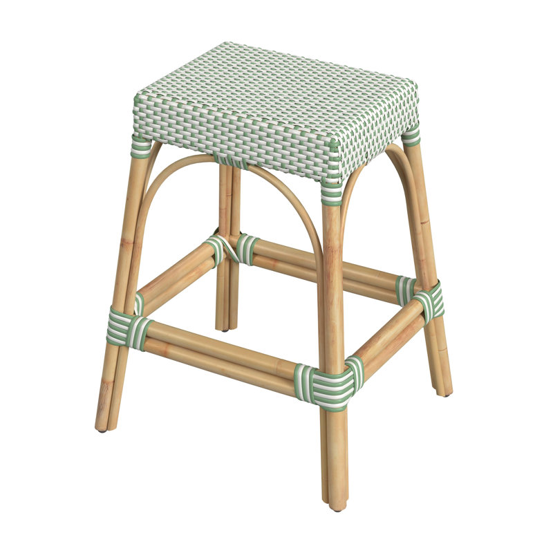 Robias Rattan Bar & Counter Stool, White/Green Dot/ Natural Rattan Frame, Counter Stool (24.5" Seat Height)