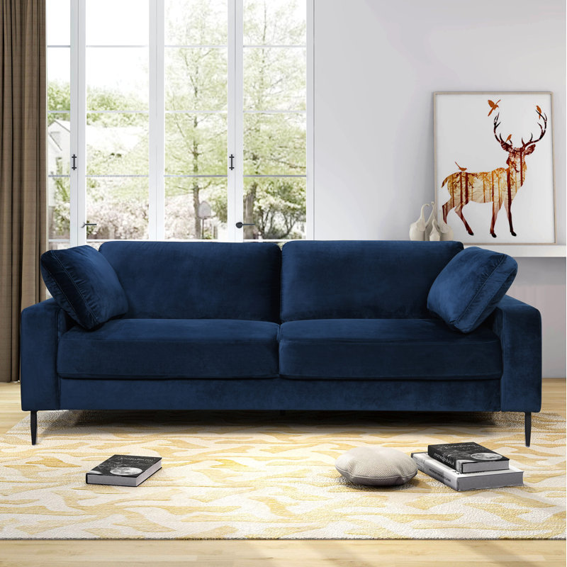 Etta 214.1Cm Velvet Square Arms Sofa, Dark Blue Polyester Blend