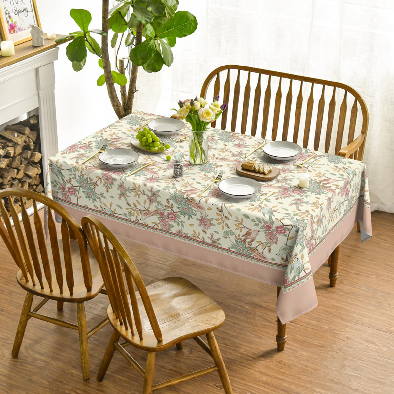 Floral Rectangular Tablecloth 60X84 Inch, Pink Birds Elegant Vintage Washable Seasonal Table Cover For Party Picnic Dinner Decor