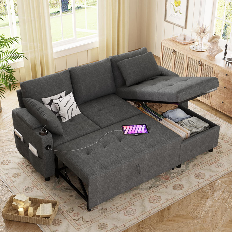 3 Seater Linen Sofa Bed, Dark Gray