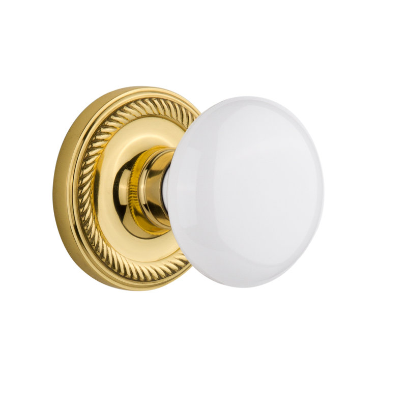 Rosette corde avec bouton de porte en porcelaine blanche, Laiton non laqué, 2 3/4 po