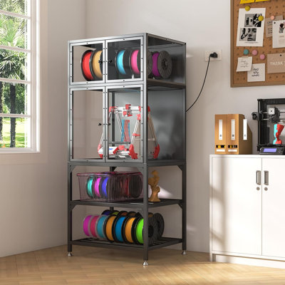 Armoire pour imprimante 3D avec support de rangement pour filament pour imprimante 3D à double couche, portes d'armoire en acrylique et support en T, multiprise intégrée