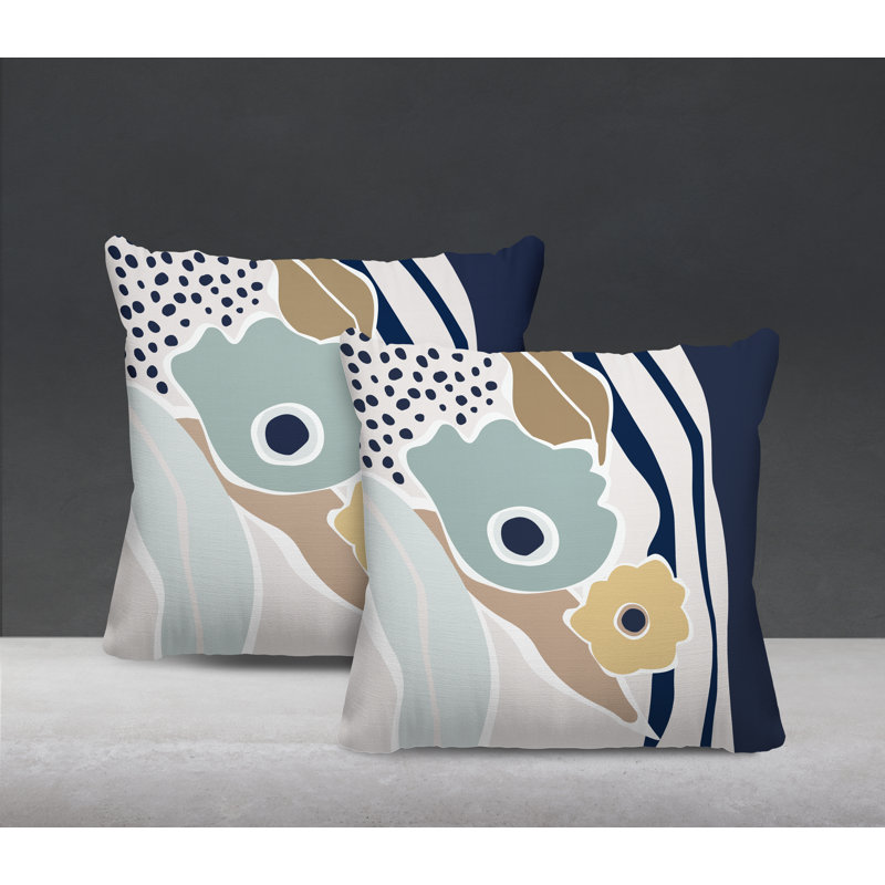Jeté carré en polyester / mélange de polyester intérieur / extérieur, L 15 po x H 15 po, Gris / bleu marine / beige