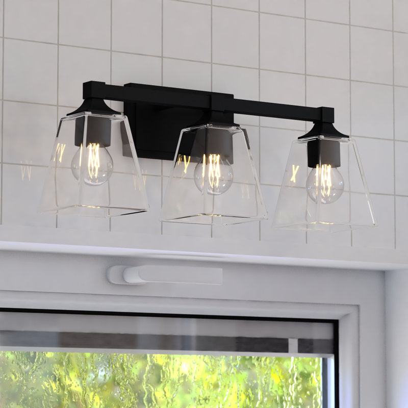 Lanaysha 3 Light Transitional Bathroom Vanity Fixture Clear Glass, Matte Black