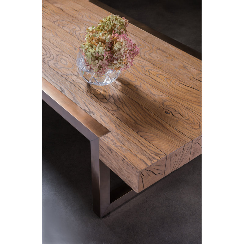 54" Brown Oak and Bronze Rectangular Coffee Table