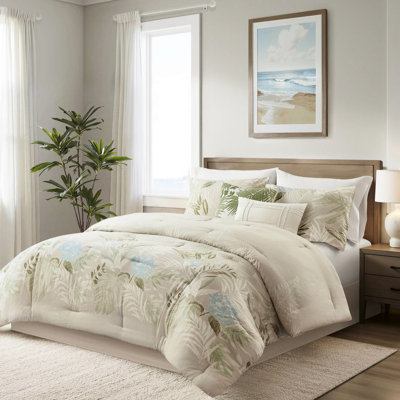 Édredon 6 pièces pour très grand lit avec jupe de lit et taies décoratives, impression tropicale, broderie sur coussins, coton lavable à la machine, y compris les coussins décoratifs