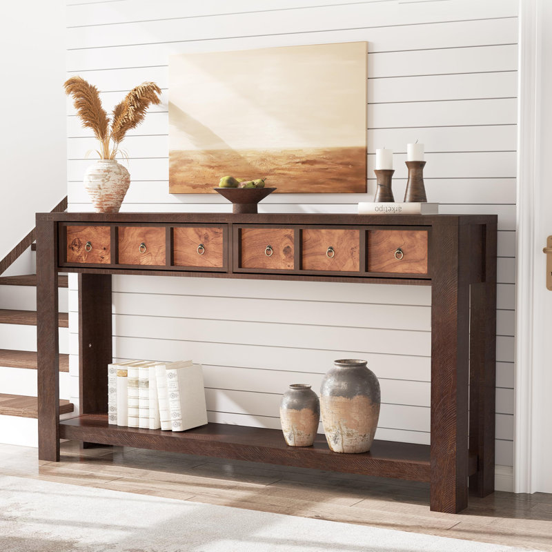 Entryway Table, 59 Inch Console Table Narrow Sofa Table Behind Couch, Farmhouse Entry Table with 2 Drawers, 2-Tier Open Shelf Hallway Foyer Table, Reinforced l-Shape Legs, Color Blocking