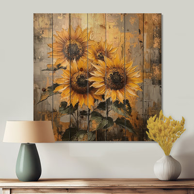 Sunflowers Abstract Shapes Pure Form - Sunflowers Wood Print - On Natural Pine Wood
