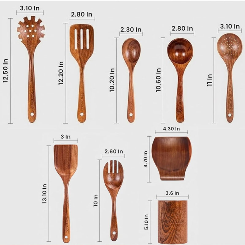 Ensemble d'ustensiles de cuisine 9 pièces, ensemble d'ustensiles de cuisine en bois avec crochets