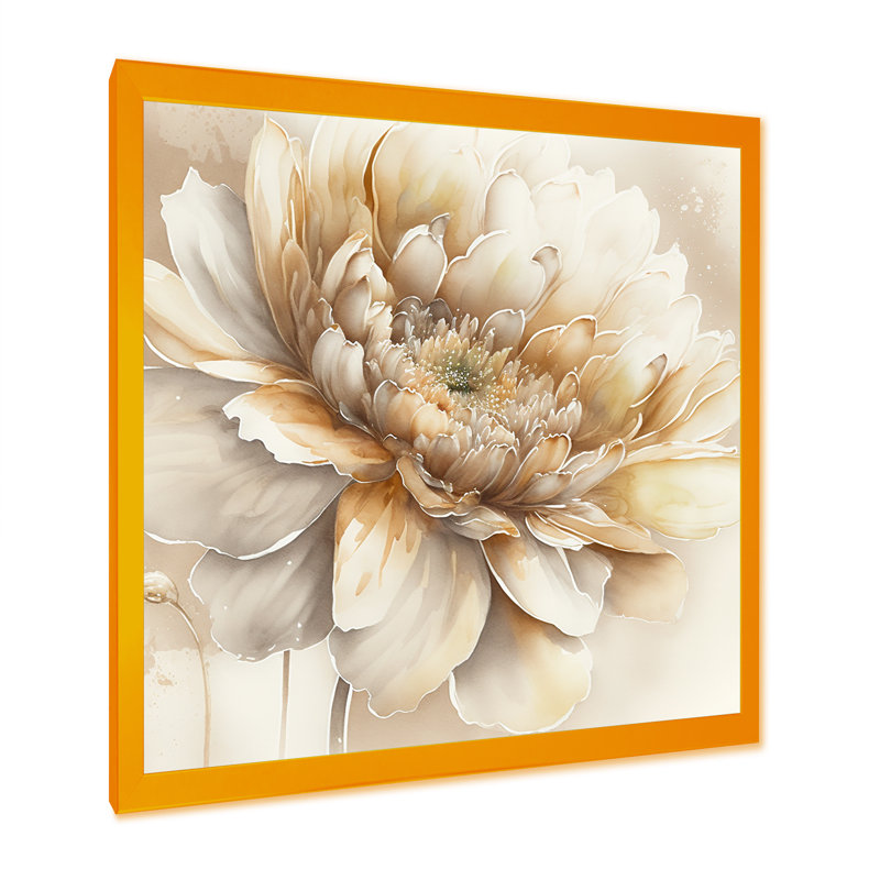 Simple fleur beige V - art mural sur toile floral et botanique, Cadre doré, H 24 po x l 24 po x P 1 po