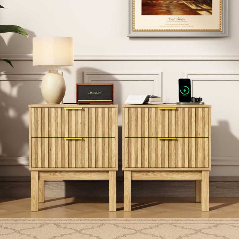 2 Drawers Nightstand With 2 Power Outlets, 1 Usb Port,modern Metal Handle (set Of 2), Set of 2, Natural
