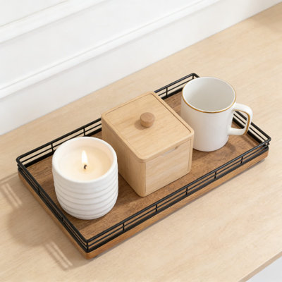 Wood Vanity Tray With Iron Mesh Edges, Bathroom Countertop Organizer For Dresser, Kitchen, Coffee Bar, And Home Decor