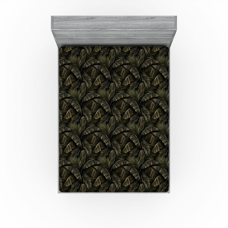 Ambesonne Nature Fitted Sheet Leaves Botanical Style Art, Queen Fitted Sheet, Green/Charcoal Gray Floral