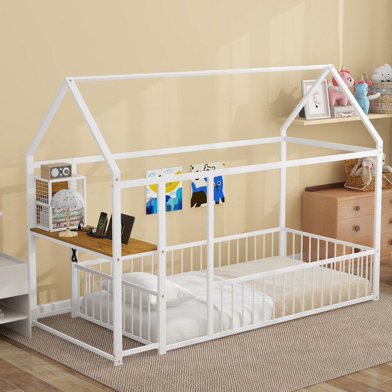 Structure de lit en métal avec bureau, tablettes, prises de courant et ports USB, Blanc, Lit simple