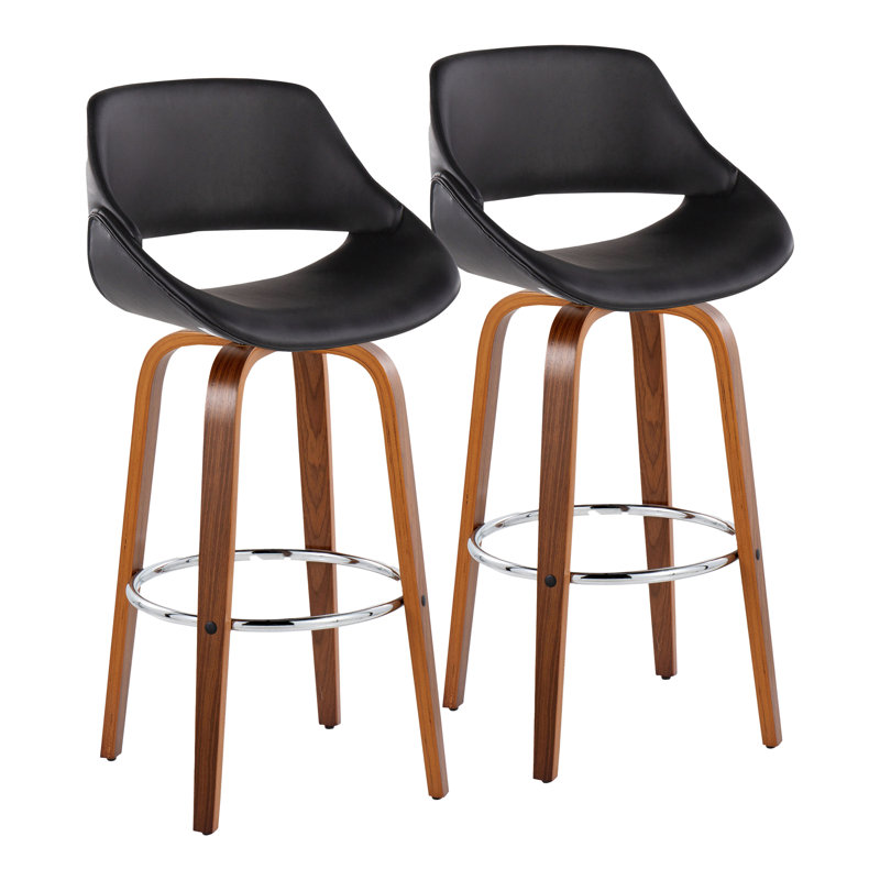 Najrin Faux Leather Upholstered Bar & Counter Stool with Round Footrest, Black, Walnut/Chrome, Bar Stool (30" Seat Height)