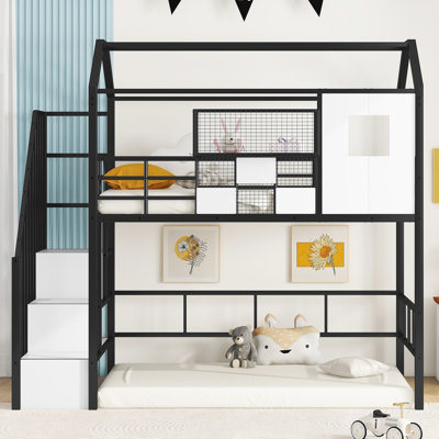 Twin Steel Loft Bed with Roof Cover and Storage
