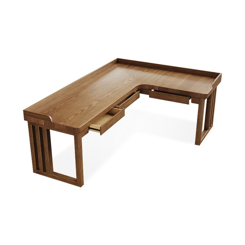 Bureau en bois massif brun en forme de L avec 3 tiroirs, H 29,53 po x l 78,74 po x P 55,12 po, Orienté à droite