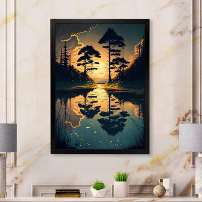Coucher de soleil à travers l'arbre au lac - reproduction sur toile