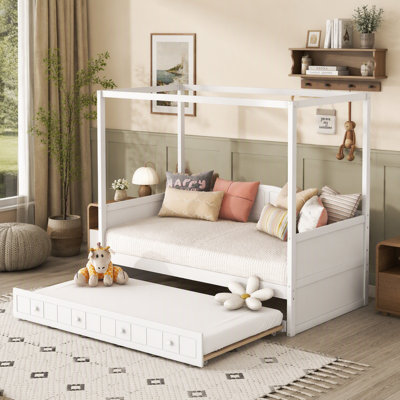 Twin Size Canopy Day Bed with twin size Trundle, White