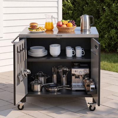 Outdoor Grill Cart with Storage Cabinet, 35.9 Inch Grill Table, Waterproof Kitchen Island with Stainless Steel Top, Spice Rack, and Wheels, Movable Food Prep Station for Patio Bar Backyard BBQ