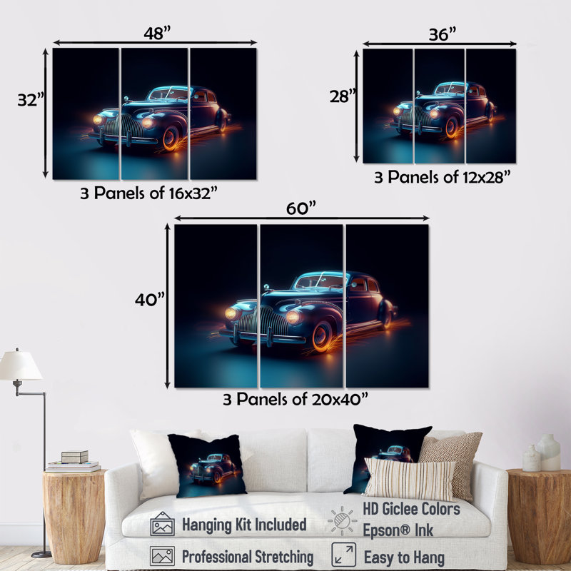 Neon Light Strips Indigo Vintage Car - Ensemble de décoration murale voiture rétro, H 28 po x l 36 po x P 1 po