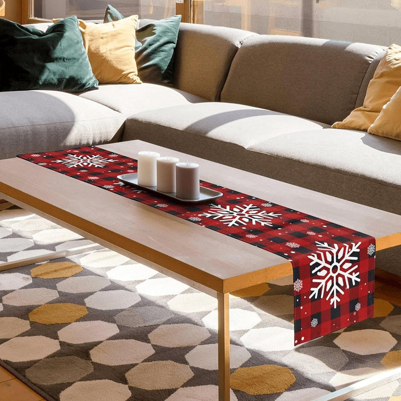 Chemin de table de Noël rouge noir Buffalo à carreaux avec flocon de neige et chemin de table saisonnier