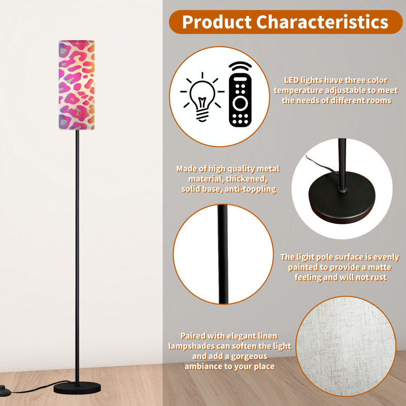  68.5" Standing Floor Lamp Rainbow leopard skin seamless Dimmable Metal Pole Lamp with Linen Lampshade LED Bulb Included