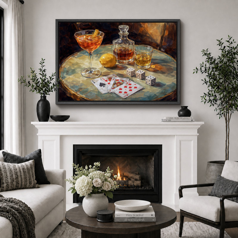 «Cocktail Still Life With Decanter Card And Dice», reproduction d'art sur toile encadrée, impression sur toile, Cadre noir