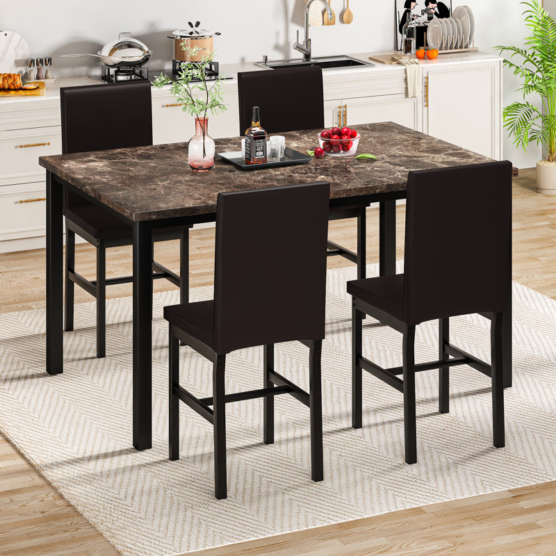 Geore 4 - Person Four Leg Dining Set,  Marble Brown