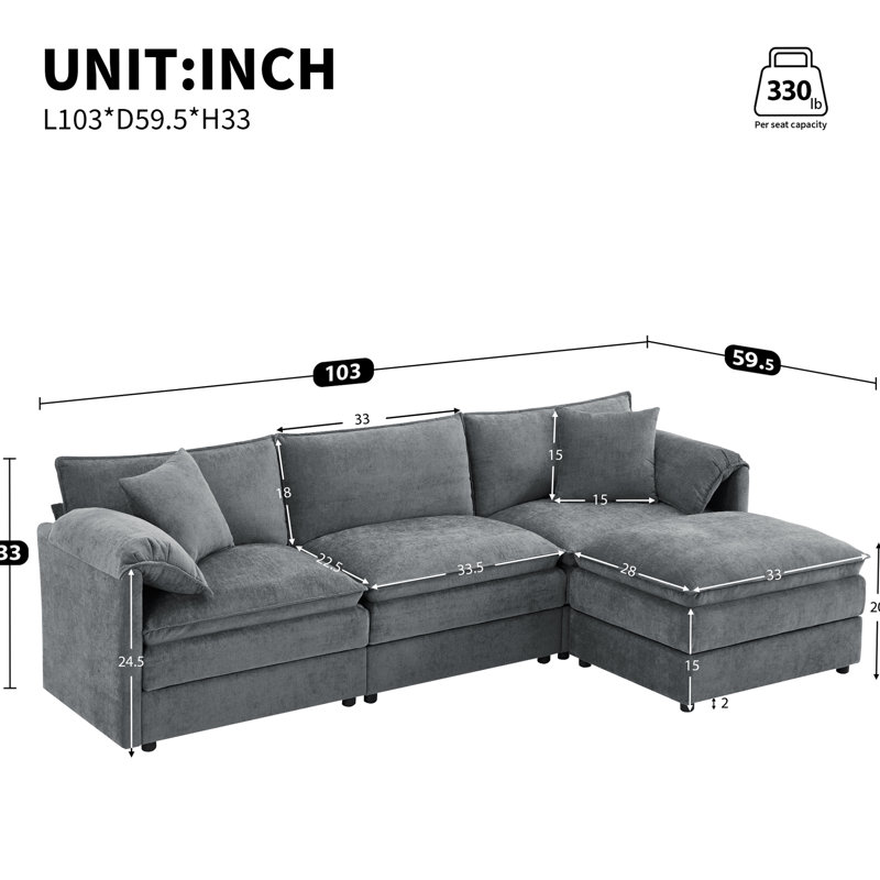 Canapé modulaire luxueux en chenille avec plusieurs conforts pour le salon, Gris foncé