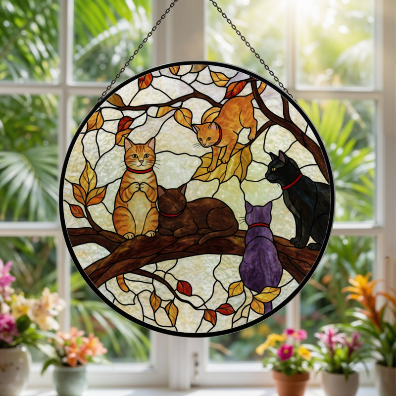 7.8"H Cats Tree Stained Glass Window Panel, 7.8" H x 7.8" W