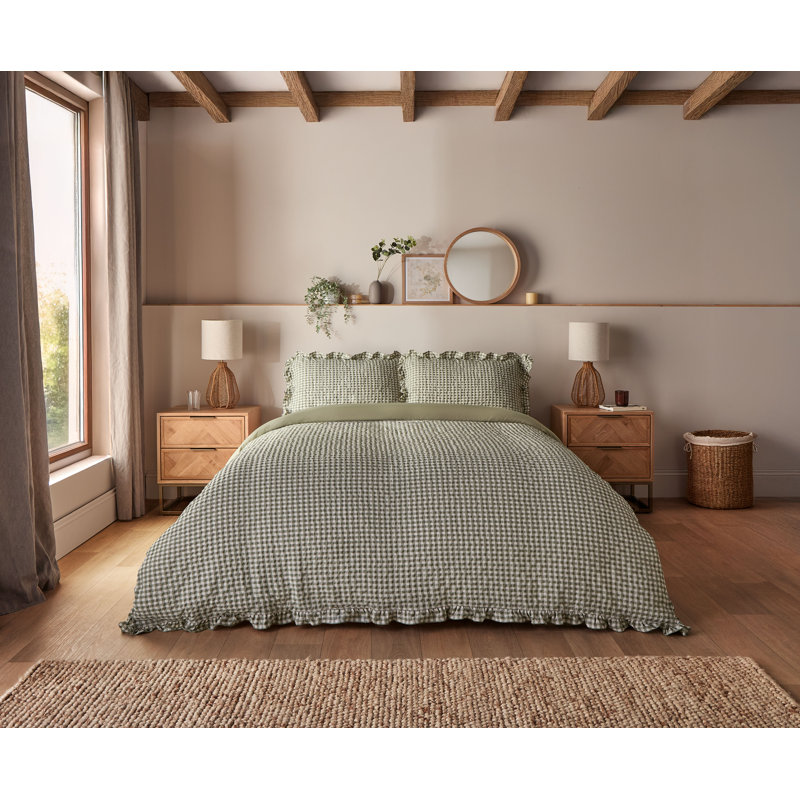 Silentnight Supersoft Sage Gingham Ruffle Duvet Set, Single Duvet Cover Set