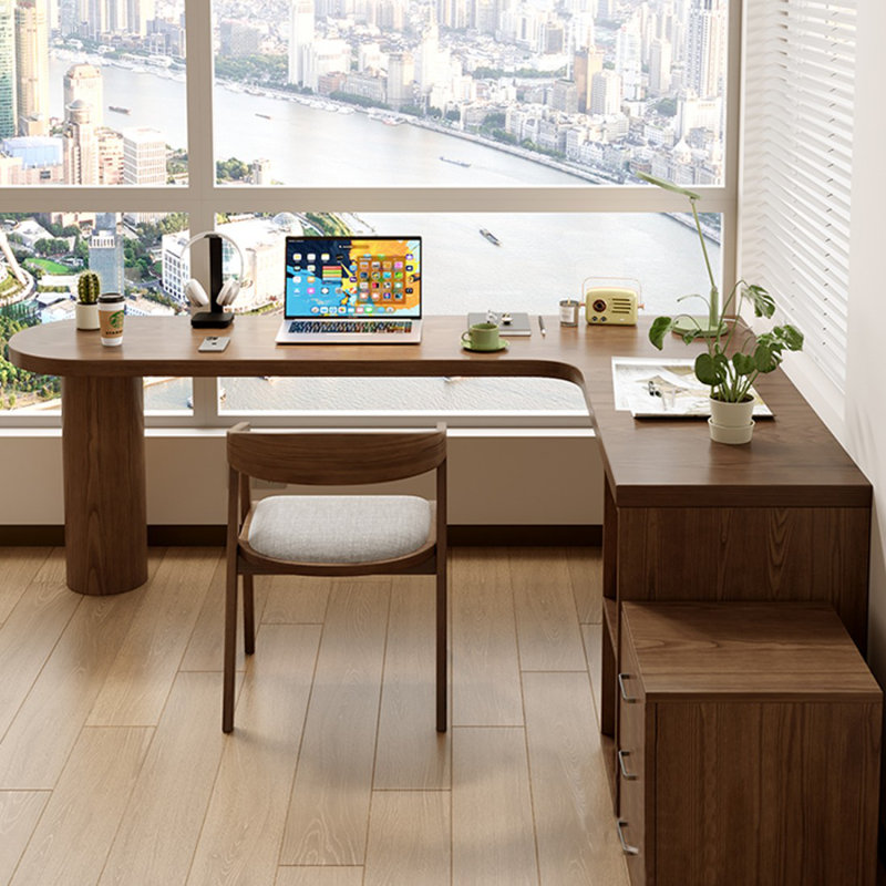 Bureau de direction en L en bois massif brun noisette, Oui, 29.53" H x 78.74" W x 55.12" D