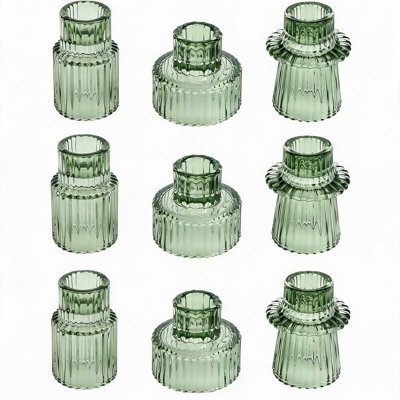 9 Pack Ribbed Glass Candle Holders, 3 Designs Taper & Tealight Candlesticks for Wedding Table Home Decor, Green