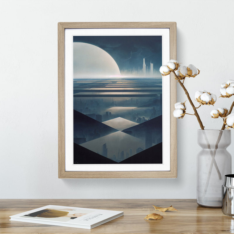 Dystopian City Skyline No.4 - Single Picture Frame Print, 64cm H x 46cm W x 2cm D, Oak
