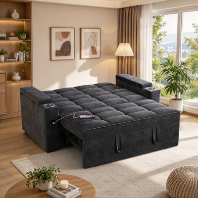 Canapé-lit convertible 3 en 1 de 165 cm avec lit gigogne, revêtement en chenille et table d'appoint pivotante à 360°, canapé pliant moderne pour salon