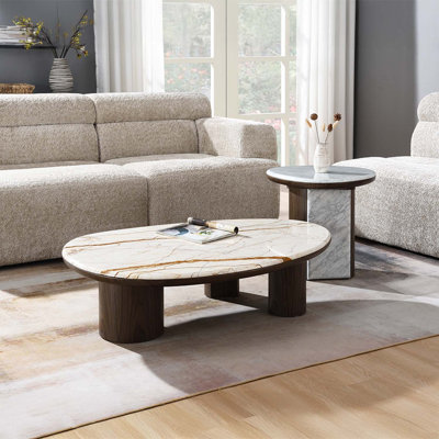 Table basse ovale, marbre naturel et brun
