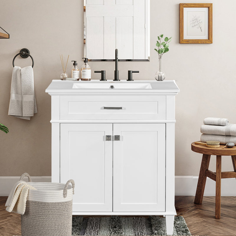 30-inch bathroom vanity with ceramic basin, White