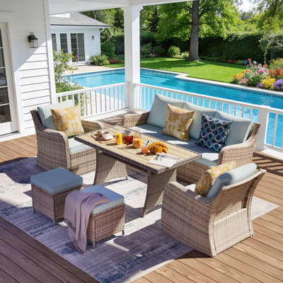 6 Pieces Outdoor Patio Furniture Set, Wicker Patio Conversation Set, Patio Sectional Furniture Set With 2 Single Chair And Sofa, 2 Ottomans And Dining Table