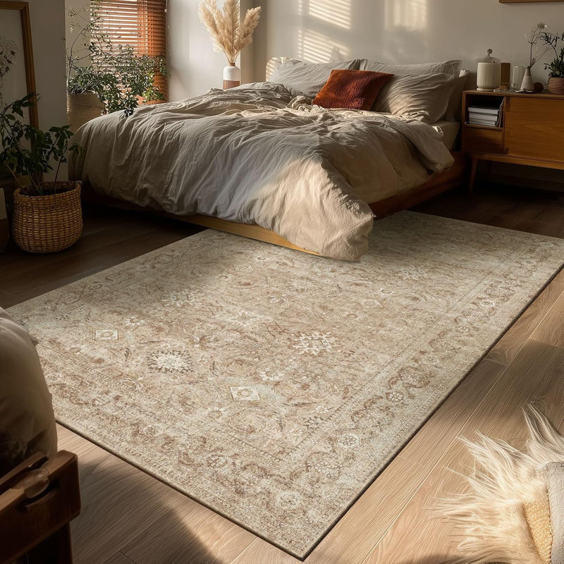 4'x6Washable Boho Tribal Area Rug with Non-Slip Backing, Low Pile Vintage Accent Rug