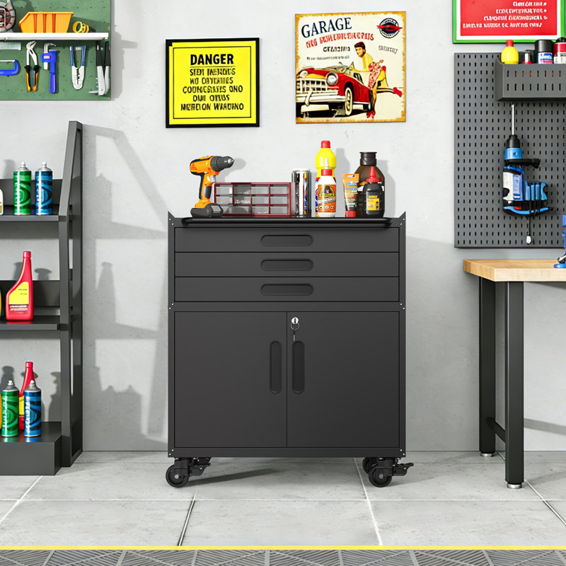 34.3"H Heavy-Duty Rolling Tool Cabinet with Lockable Doors & 3 Drawers, All-Steel Mobile Garage Storage and Workbench