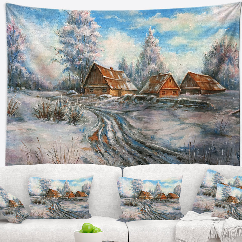 Paysage neige village tapisserie, H 32 po x l 39 po